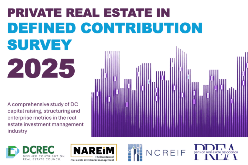 Cover graphic for the 2025 Private Real Estate in Defined Contribution Survey, featuring the title in bold purple and blue text, a purple abstract bar design, and partner logos of DCREC, NAREIM, NCREIF, and PREA.